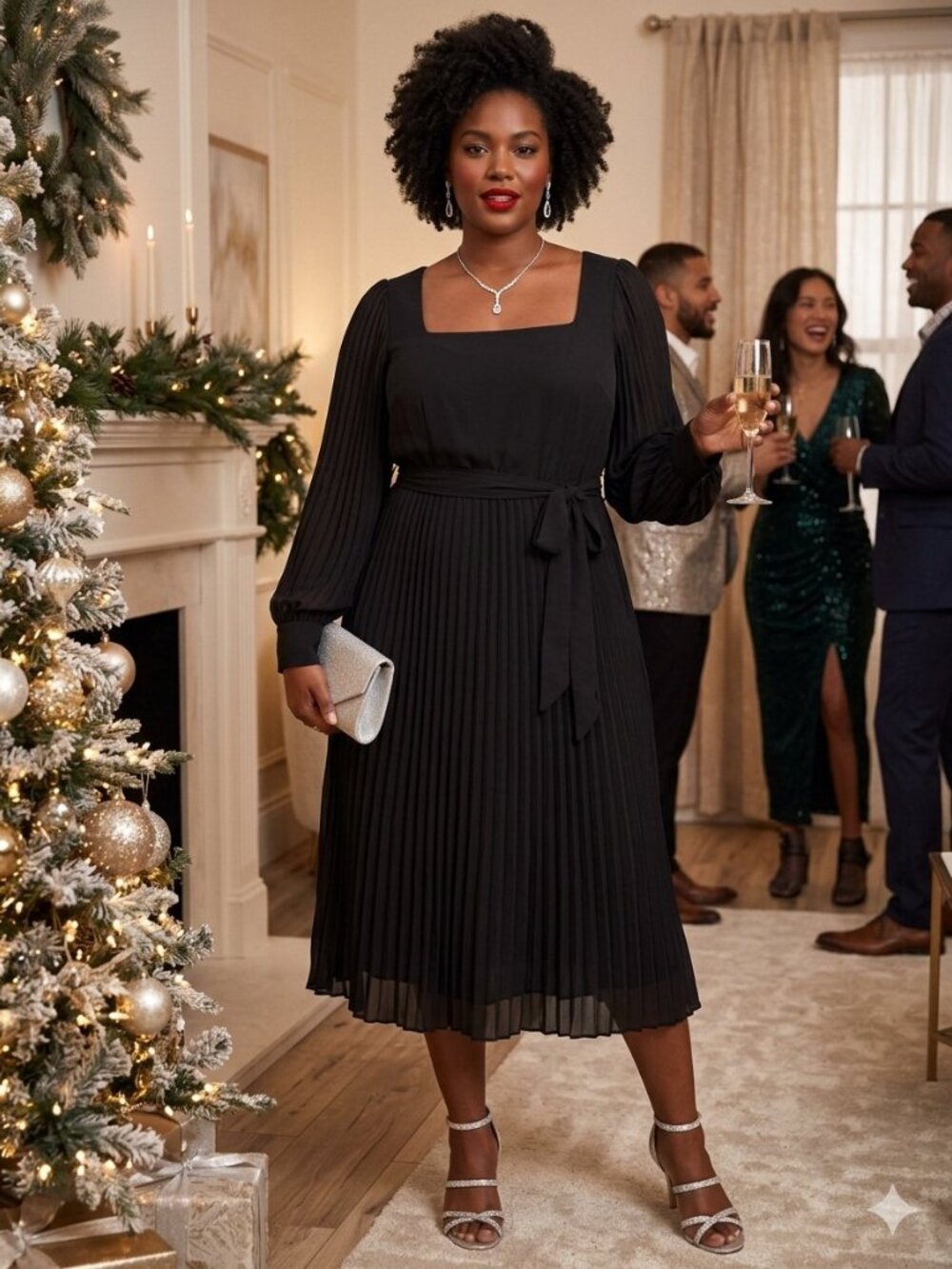 torrid Black Sheer Long-Sleeve Accordion Pleated Chiffon Midi Dress